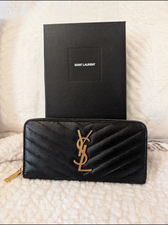 Saint Laurent Handbags - Saint Laurent Black Quilted Leather Zip Wallet with Gold Logo